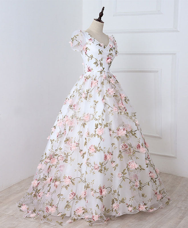 White V Neck 3D Flowers Long Prom Dress, White Evening Dress US 12 / White White V Neck 3D Flowers Long Prom Dress, White Evening Dress US 12 / White