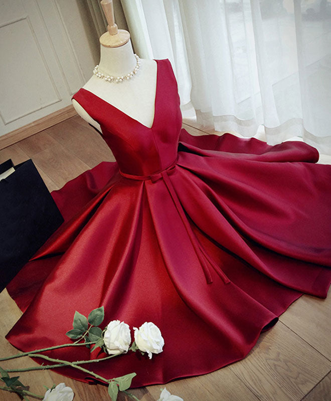 burgundy v neck short dress Burgundy v neck satin short prom dress party dress Us 12