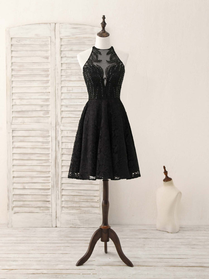 Black Round Neck Lace Beads Short Prom Dress, Black Homecoming Dress Custom Size / Black Black Round Neck Lace Beads Short Prom Dress, Black Homecoming Dress Custom Size / Black