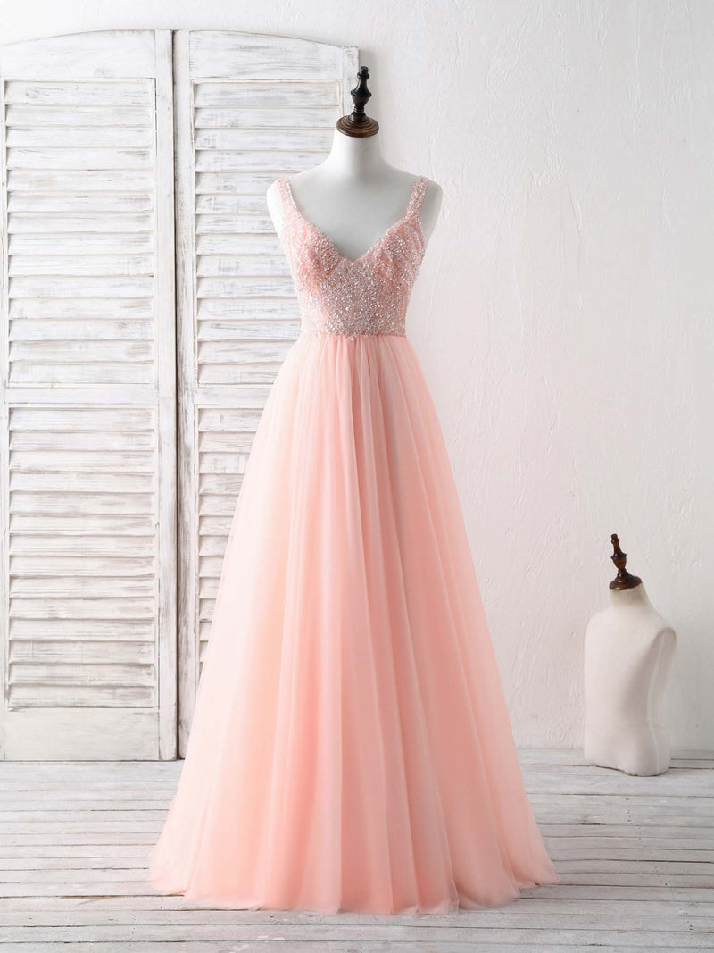 A-Line Tulle Beads Long Prom Dress, Tulle Evening Dress US 6 / Pink A-Line Tulle Beads Long Prom Dress, Tulle Evening Dress US 6 / Pink