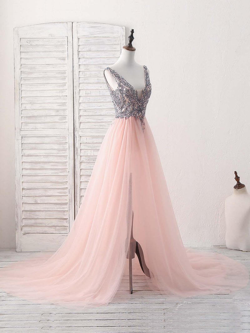 Pink V Neck Tulle Beads Long Prom Dress, Pink Evening Dress