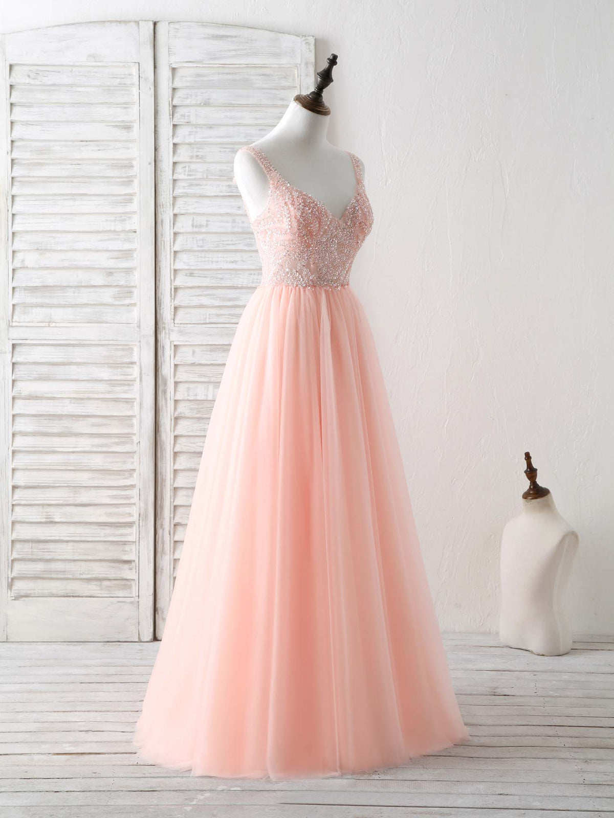 A-Line Tulle Beads Long Prom Dress, Tulle Evening Dress