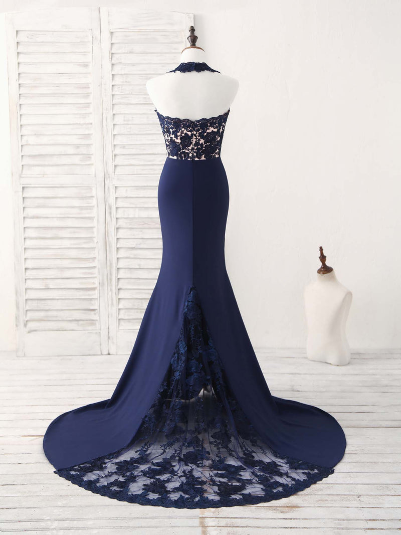 Dark Blue Lace Mermaid Long Prom Dress Mermaid Bridesmaid Dress – shopluu