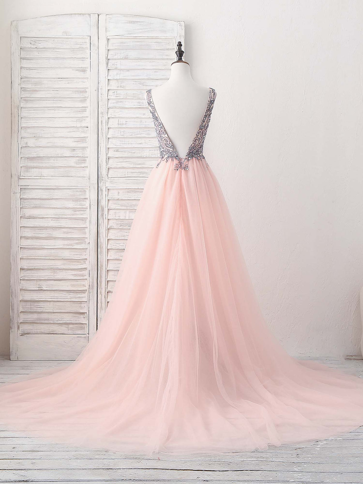 Pink V Neck Tulle Beads Long Prom Dress, Pink Evening Dress