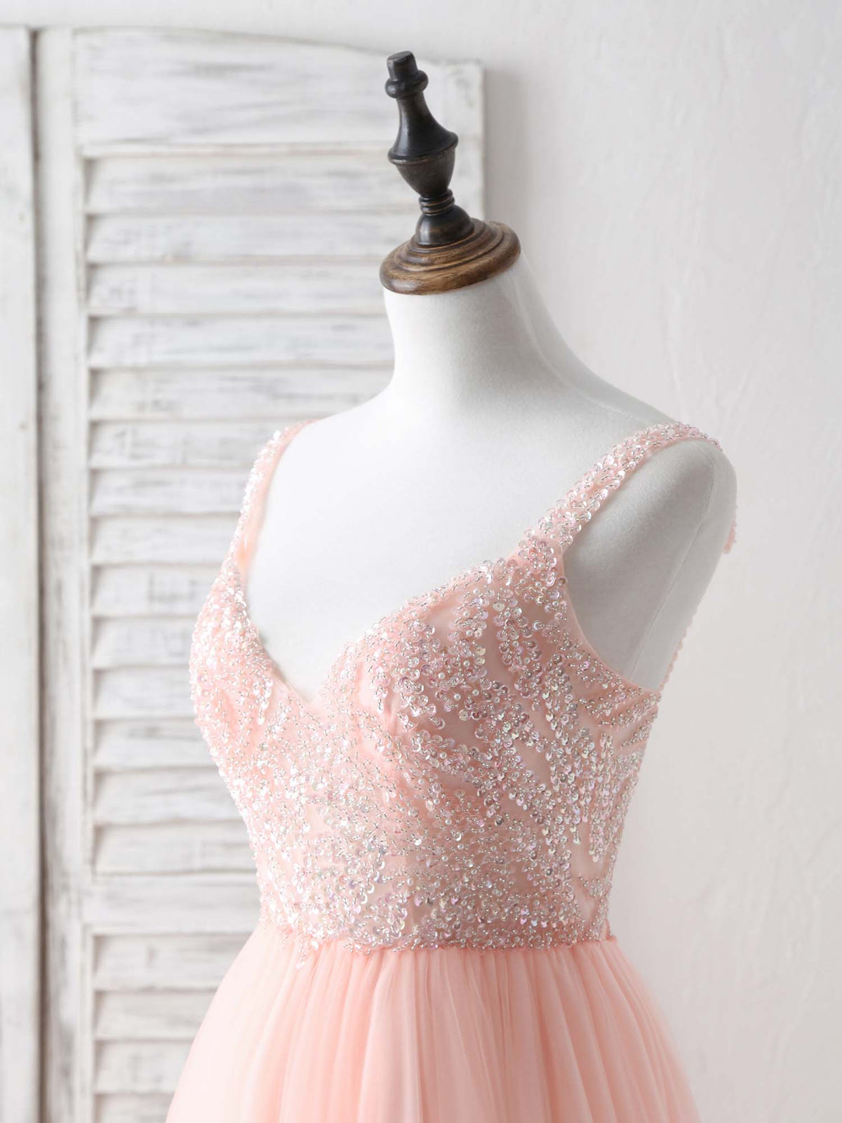 A-Line Tulle Beads Long Prom Dress, Tulle Evening Dress