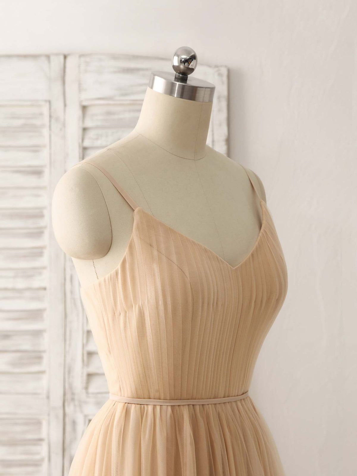 Simple V Neck Tulle Chiffon Long Prom Dress Champagne Bridesmaid Dress