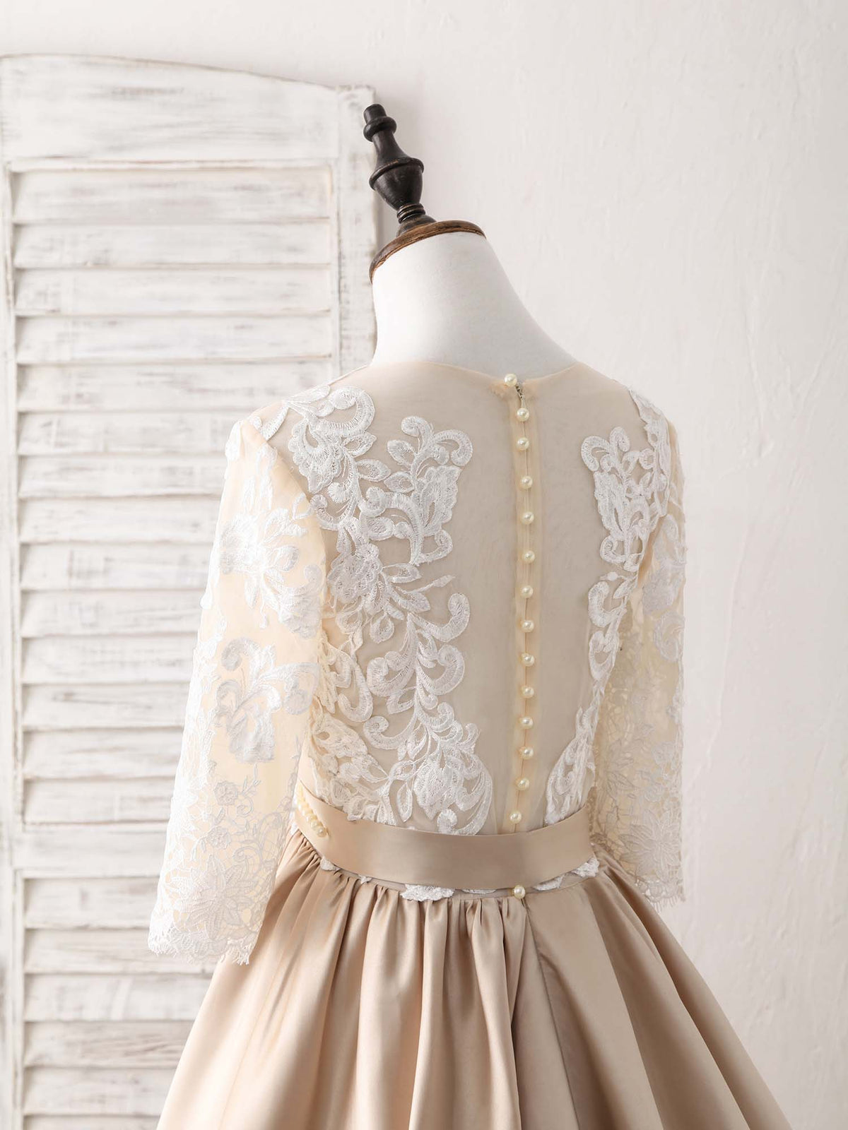 Champagne Round Neck Satin Lace Long Prom Dress, Evening Dress