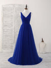 Simple V Neck Royal Blue Tulle Long Prom Dress Blue Evening Dress