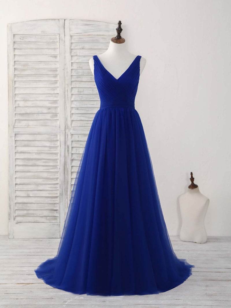 Simple V Neck Royal Blue Tulle Long Prom Dress Blue Evening Dress US 6 / Custom Color Simple V Neck Royal Blue Tulle Long Prom Dress Blue Evening Dress US 6 / Custom Color