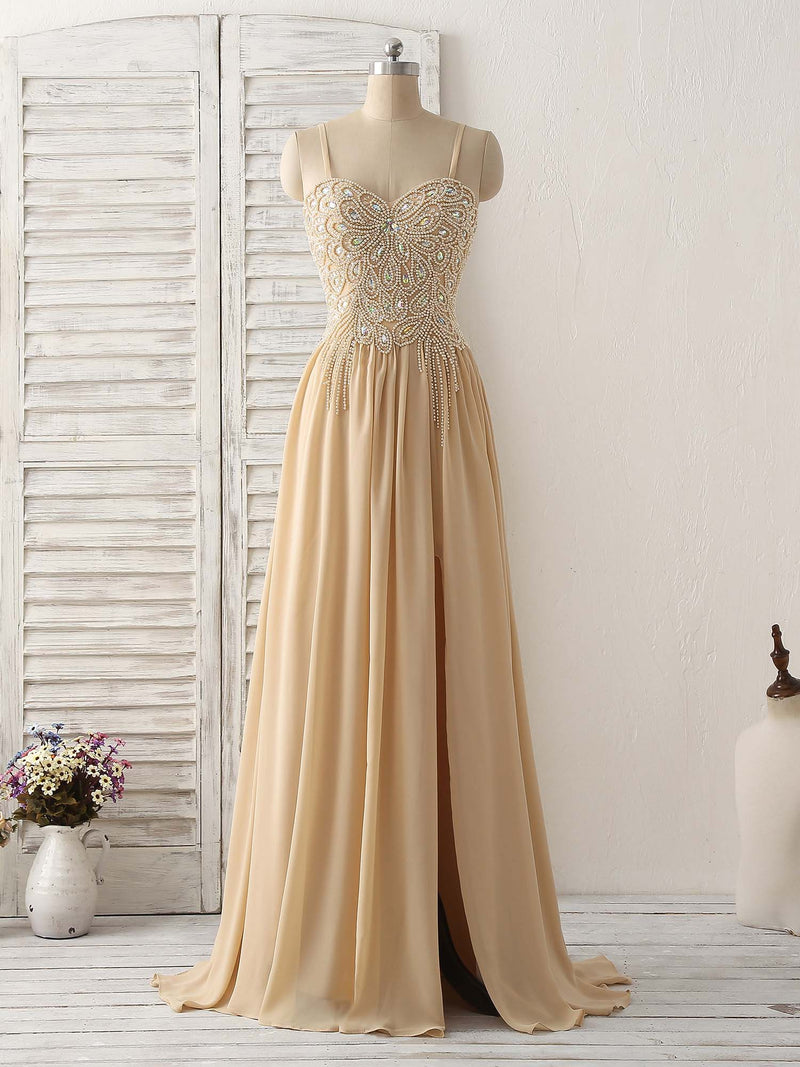 Champagne Sweetheart Neck Beads Long Prom Dress Evening Dress shopluu Champagne Sweetheart Neck Beads Long Prom Dress Evening Dress shopluu