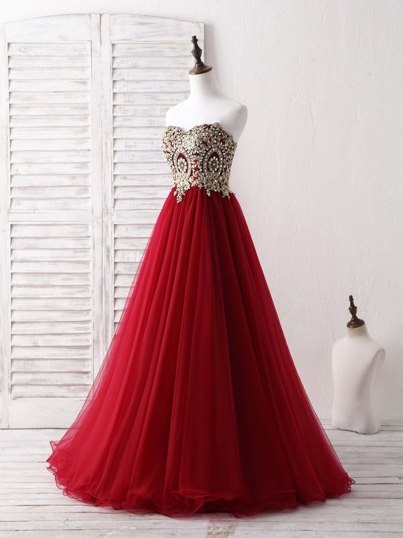 Burgundy Sweetheart Neck Lace Applique Tulle Long Prom Dresses shopluu Burgundy Sweetheart Neck Lace Applique Tulle Long Prom Dresses shopluu