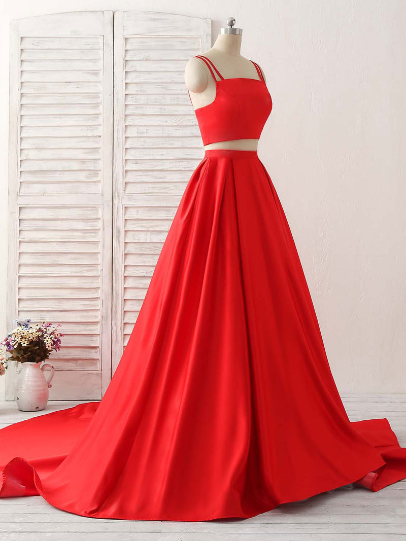 Red Two Pieces Satin Long Prom Dress Simple Red Evening Dress US 6 / Custom Color Red Two Pieces Satin Long Prom Dress Simple Red Evening Dress US 6 / Custom Color