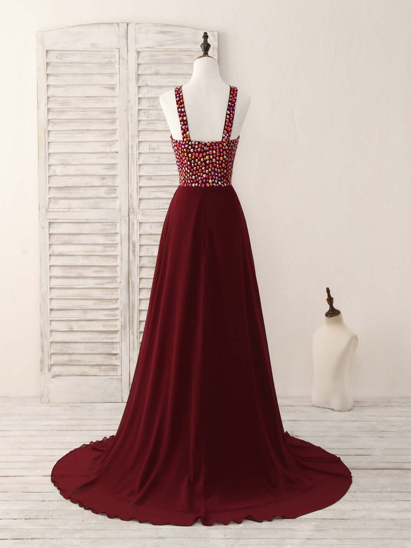 Burgundy Round Neck Chiffon Beads Long Prom Dress Burgundy Round Neck Chiffon Beads Long Prom Dress
