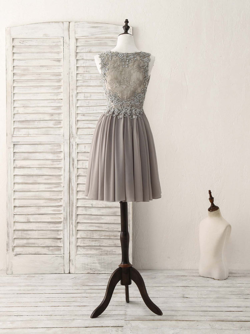 Cute V Neck Lace Chiffon Gray Short Prom Dress Gray Homecoming Dress shopluu Cute V Neck Lace Chiffon Gray Short Prom Dress Gray Homecoming Dress shopluu
