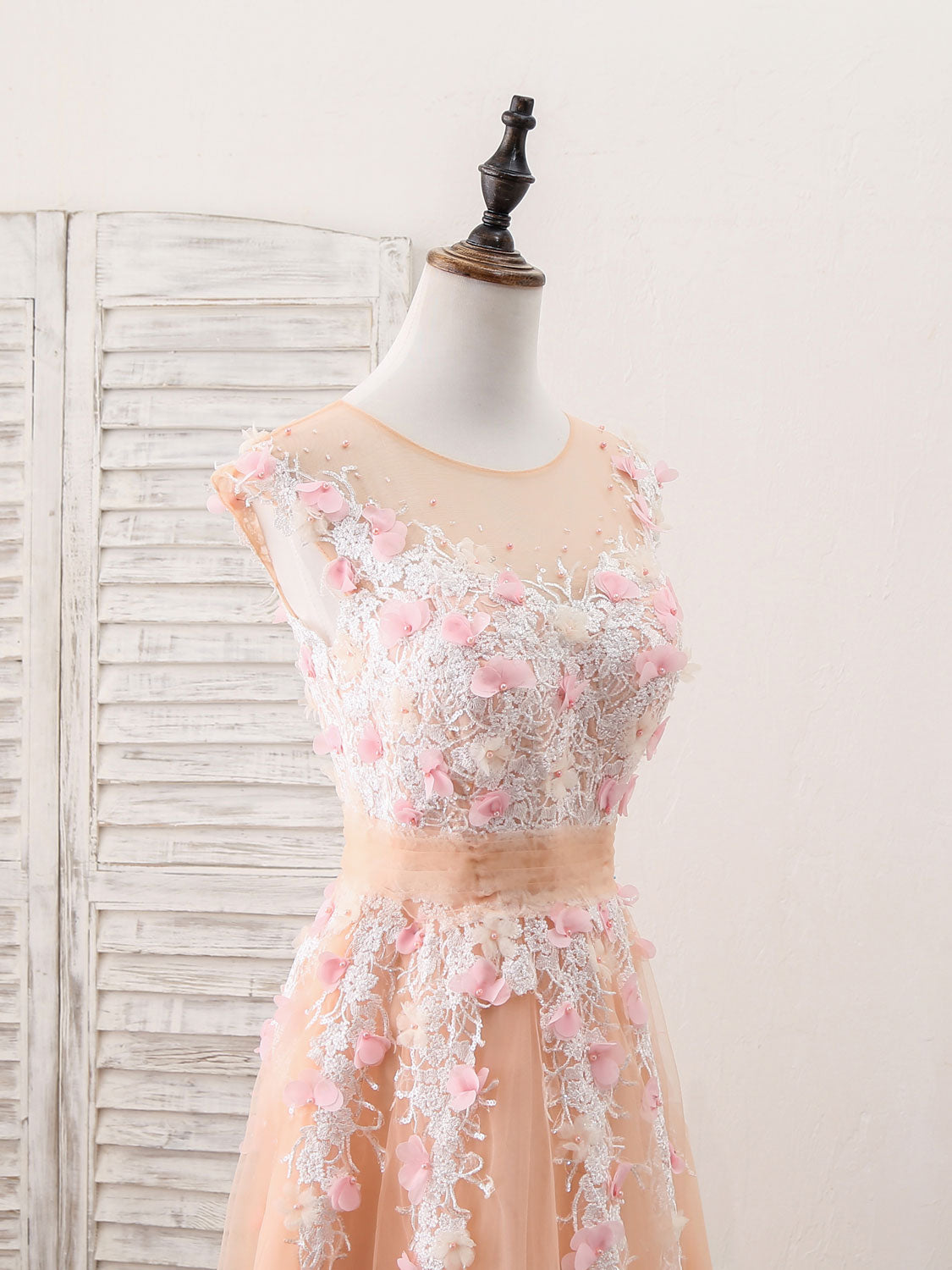 Champagne Tulle Lace Long Prom Dress, Champagne Evening Dress