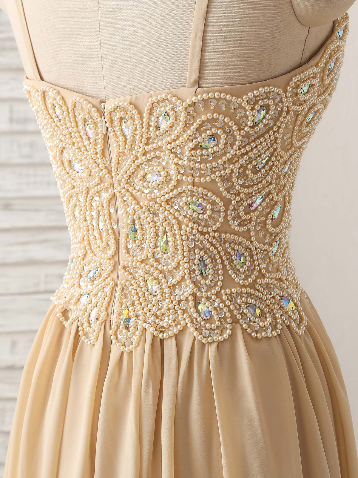 Champagne Sweetheart Neck Beads Long Prom Dress Evening Dress