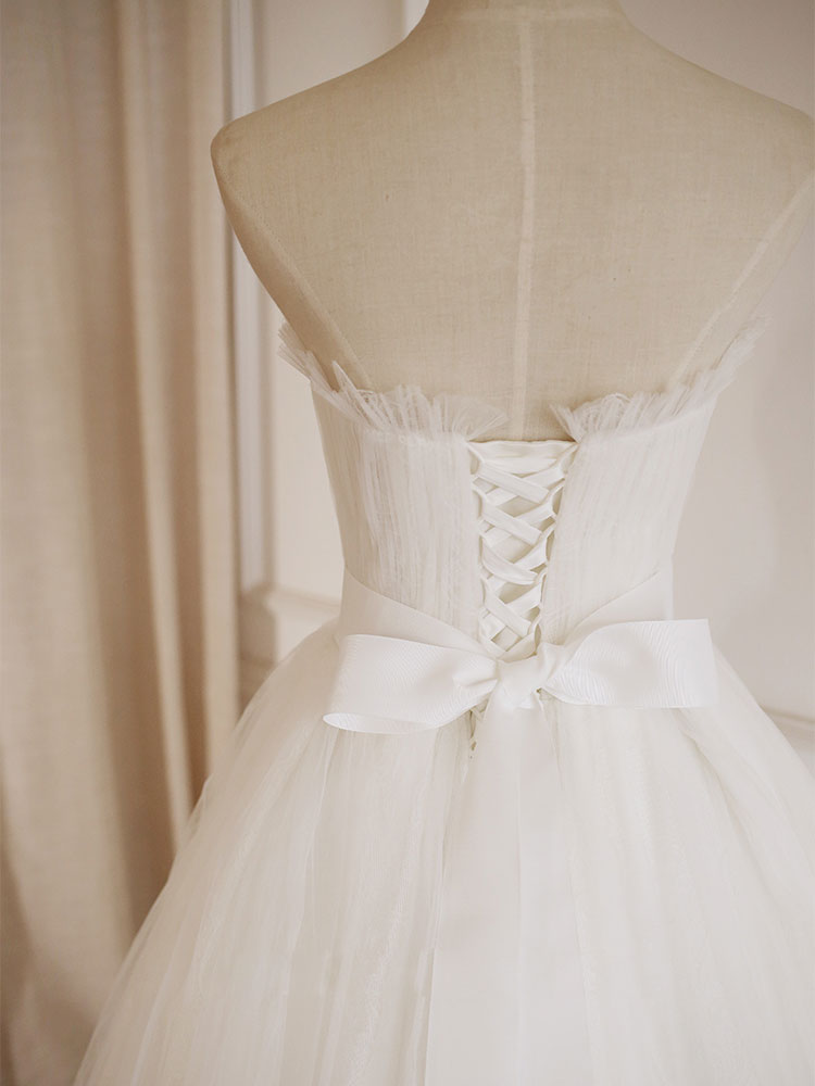 Simple Lace Tea Length White Prom Dress, Tulle Lace Bridesmaid Dress