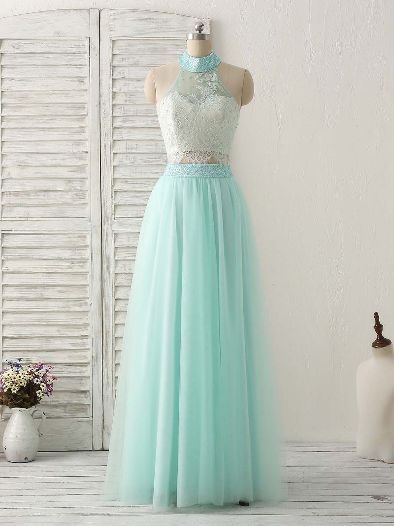 Green Tulle Two Pieces Long Prom Dress Lace Beads Formal Dress – shopluu