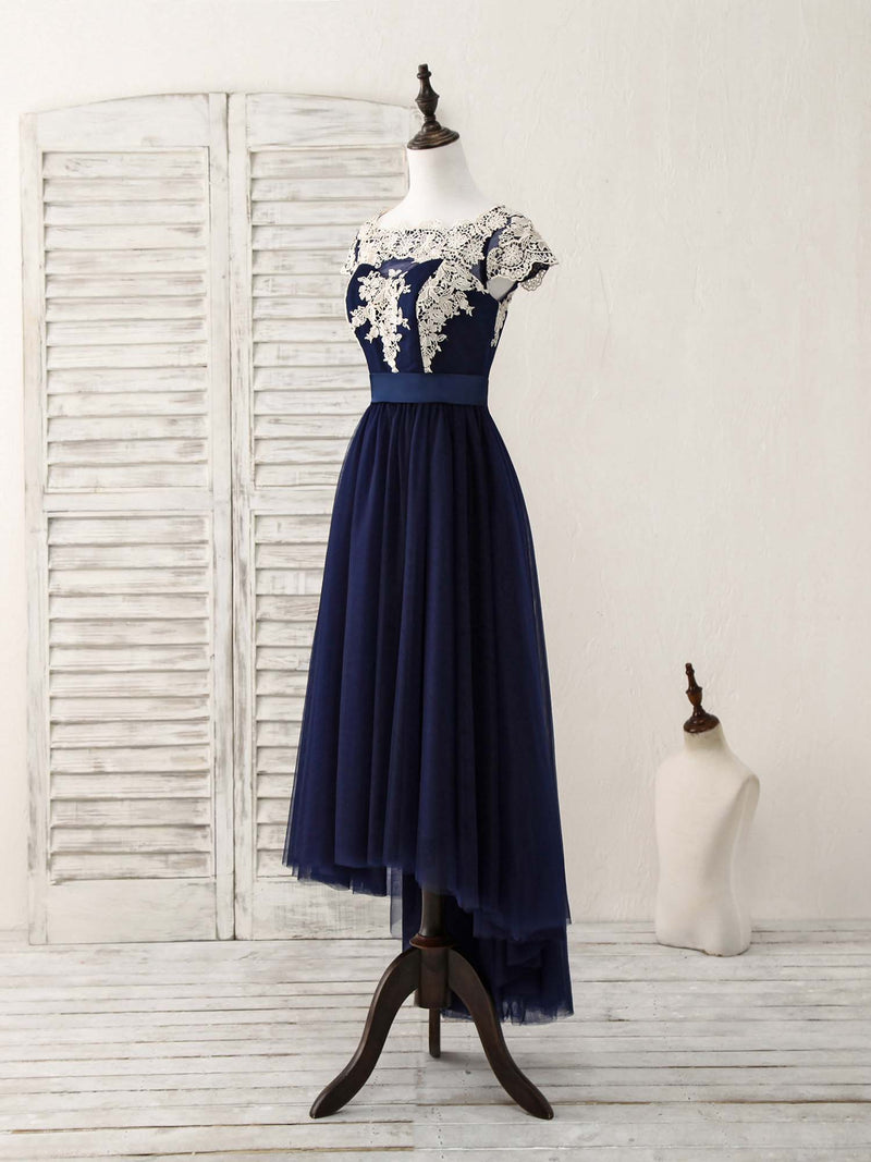 Dark Blue Tulle Lace Applique High Low Prom Dresses US 12 / Custom Color Dark Blue Tulle Lace Applique High Low Prom Dresses US 12 / Custom Color