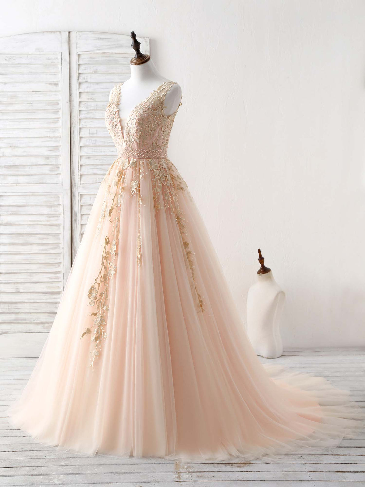 A-Line V Neck Tulle Lace Applique Long Prom Dress, Evening Dress