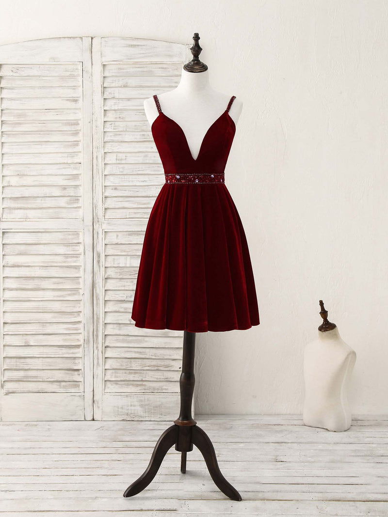 burgundy velvet dress short Wine Plunging Neck Velvet Short Sleeve Mini Dress