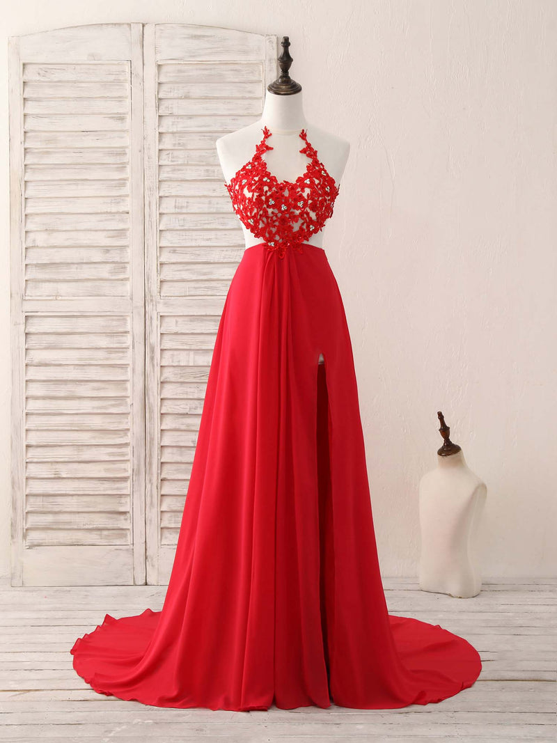 Red Hight Neck Chiffon Lace Applique Long Prom Dress, Red Formal Dress US 12 / Custom Color Red Hight Neck Chiffon Lace Applique Long Prom Dress, Red Formal Dress US 12 / Custom Color