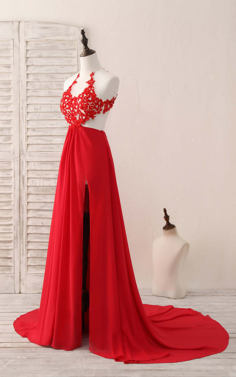 Red Hight Neck Chiffon Lace Applique Long Prom Dress, Red Formal Dress US 12 / Custom Color Red Hight Neck Chiffon Lace Applique Long Prom Dress, Red Formal Dress US 12 / Custom Color