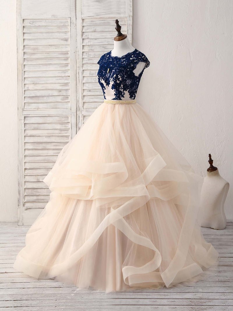 Blue/Champagne Tulle Lace Applique Long Prom Dress, Evening Dress US 8 / Blue/Champagne Blue/Champagne Tulle Lace Applique Long Prom Dress, Evening Dress US 8 / Blue/Champagne