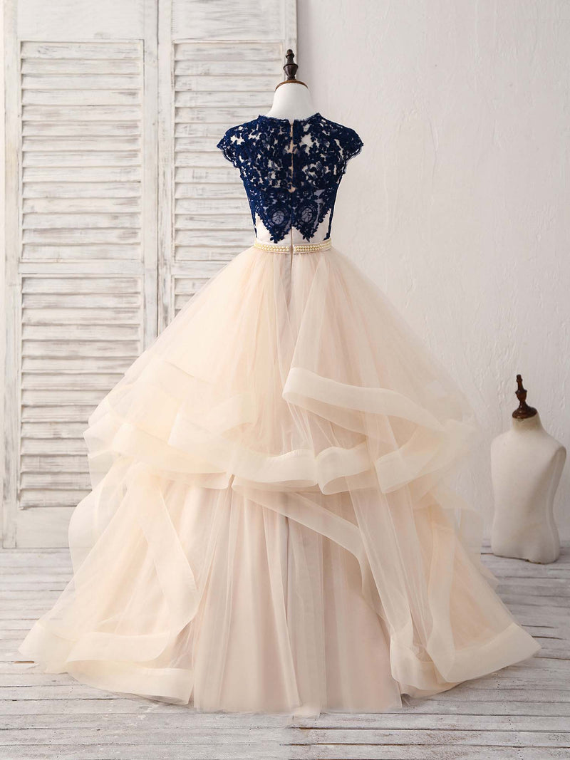 Blue/Champagne Tulle Lace Applique Long Prom Dress, Evening Dress US 8 / Blue/Champagne Blue/Champagne Tulle Lace Applique Long Prom Dress, Evening Dress US 8 / Blue/Champagne