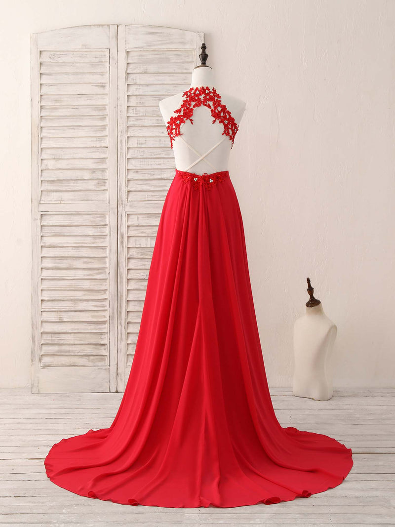 Red Hight Neck Chiffon Lace Applique Long Prom Dress, Red Formal Dress Red Hight Neck Chiffon Lace Applique Long Prom Dress, Red Formal Dress