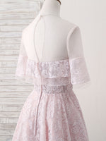 Pink Round Neck Lace Tulle Short Prom Dress, Pink Homecoming Dress