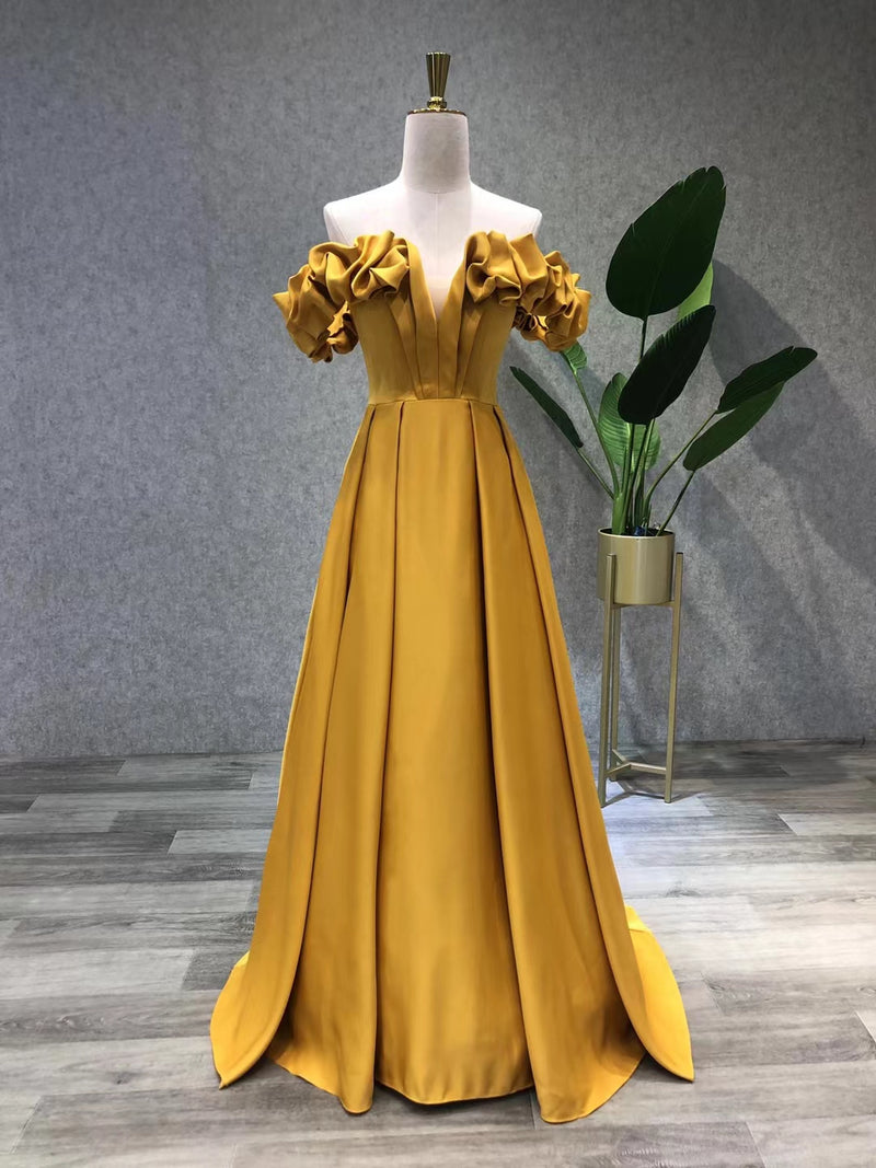 Simple Yellow Satin Long Prom Dress, Yellow Evening Dress – shopluu