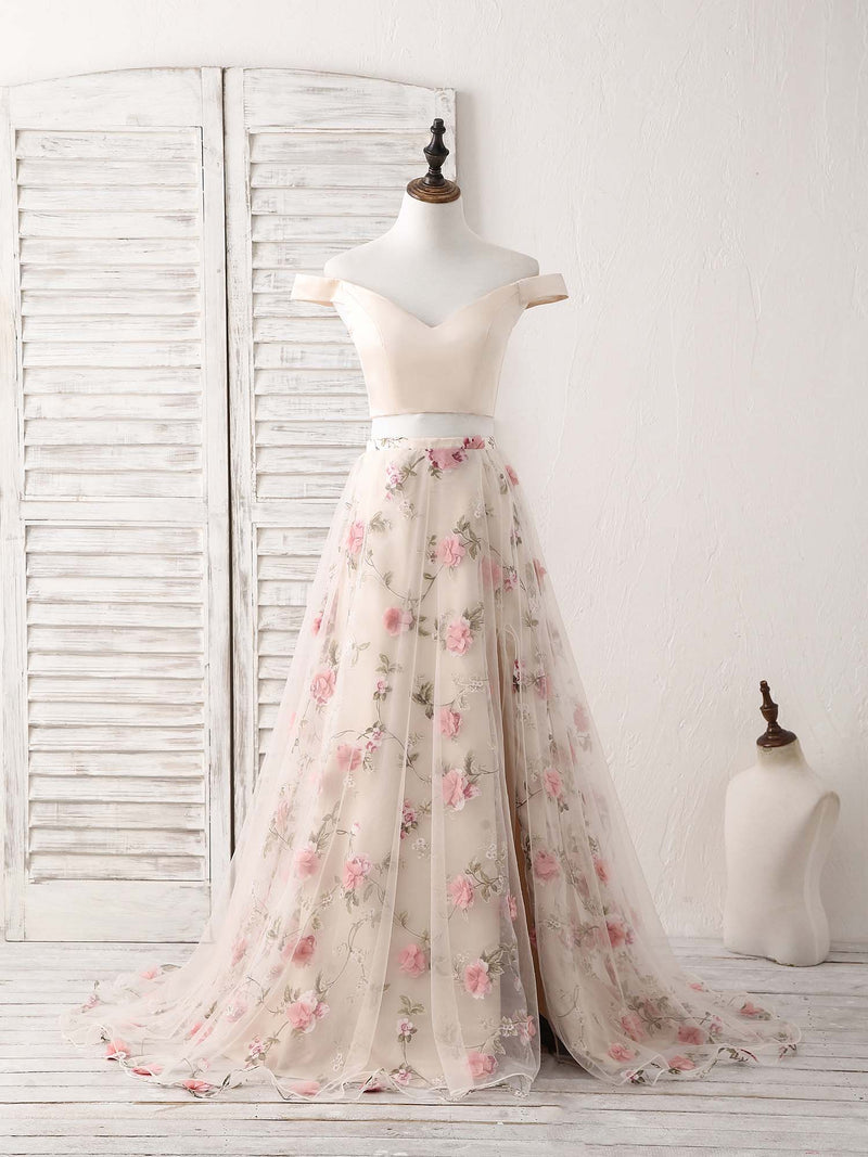 A-Line Champagne Two Pieces Long Prom Dress, Champagne Evening Dress – shopluu