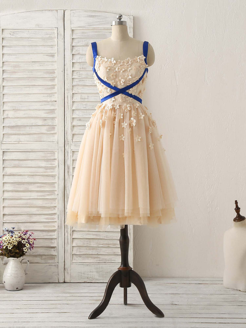 Champagne Tulle Applique Short Prom Dress, Bridesmaid Dress – shopluu