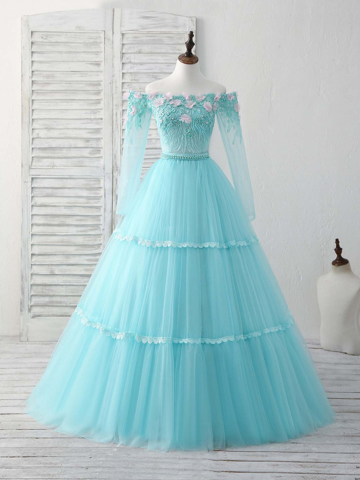 A-Line Tulle Lace Applique Long Prom Dress, Green Evening Dress