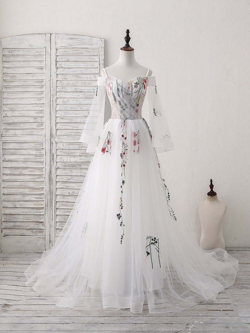 White Sweetheart Tulle Applique Long Prom Dress, White Evening Dress shopluu White Sweetheart Tulle Applique Long Prom Dress, White Evening Dress shopluu