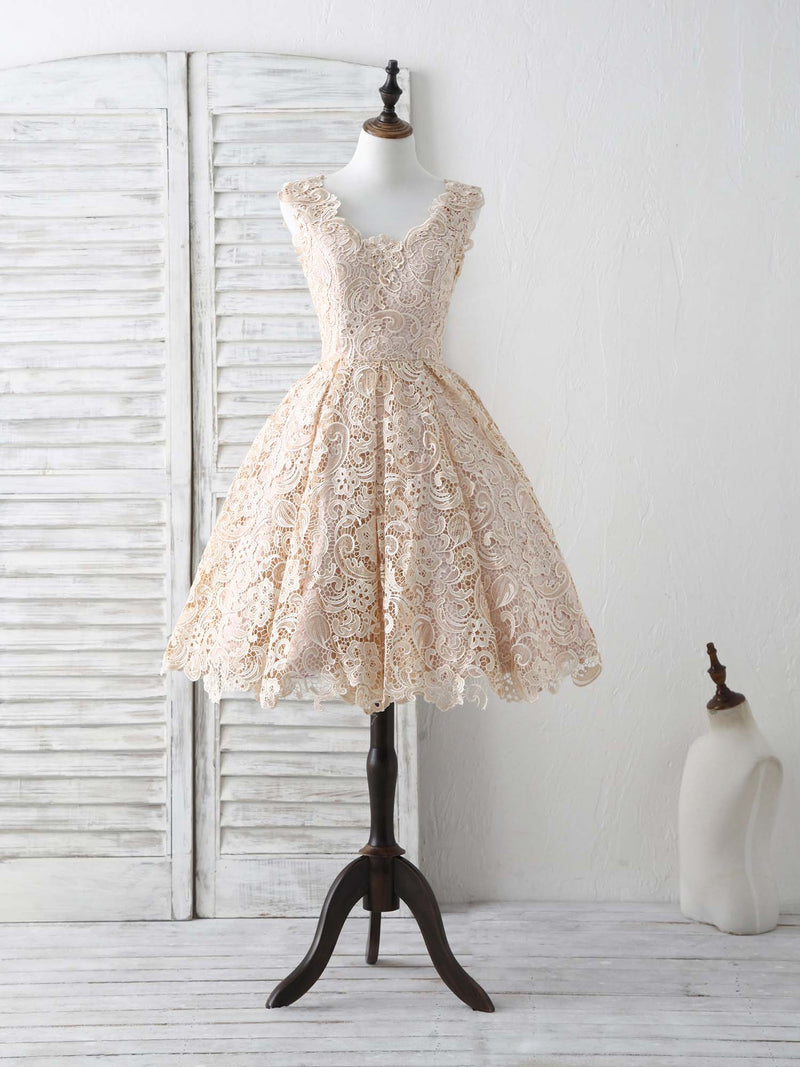 Champagne V Neck Lace Short Prom Dress Champagne Bridesmaid Dress US 10 / Champagne Champagne V Neck Lace Short Prom Dress Champagne Bridesmaid Dress US 10 / Champagne