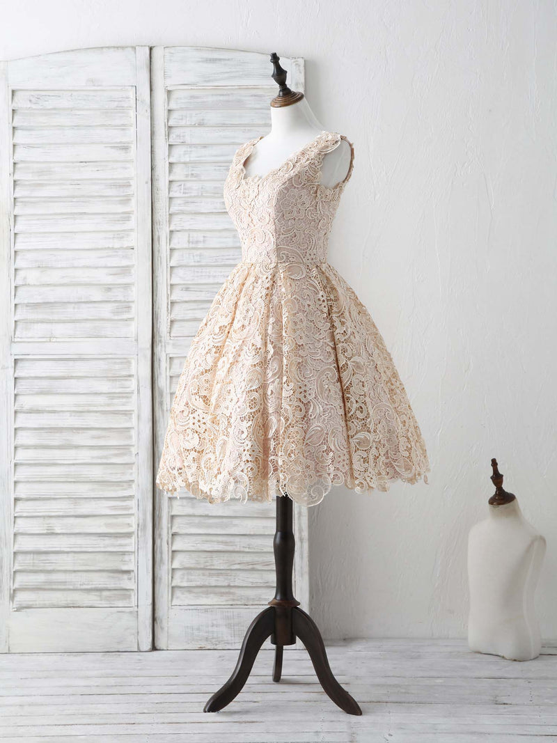 Champagne V Neck Lace Short Prom Dress Champagne Bridesmaid Dress US 10 / Champagne Champagne V Neck Lace Short Prom Dress Champagne Bridesmaid Dress US 10 / Champagne