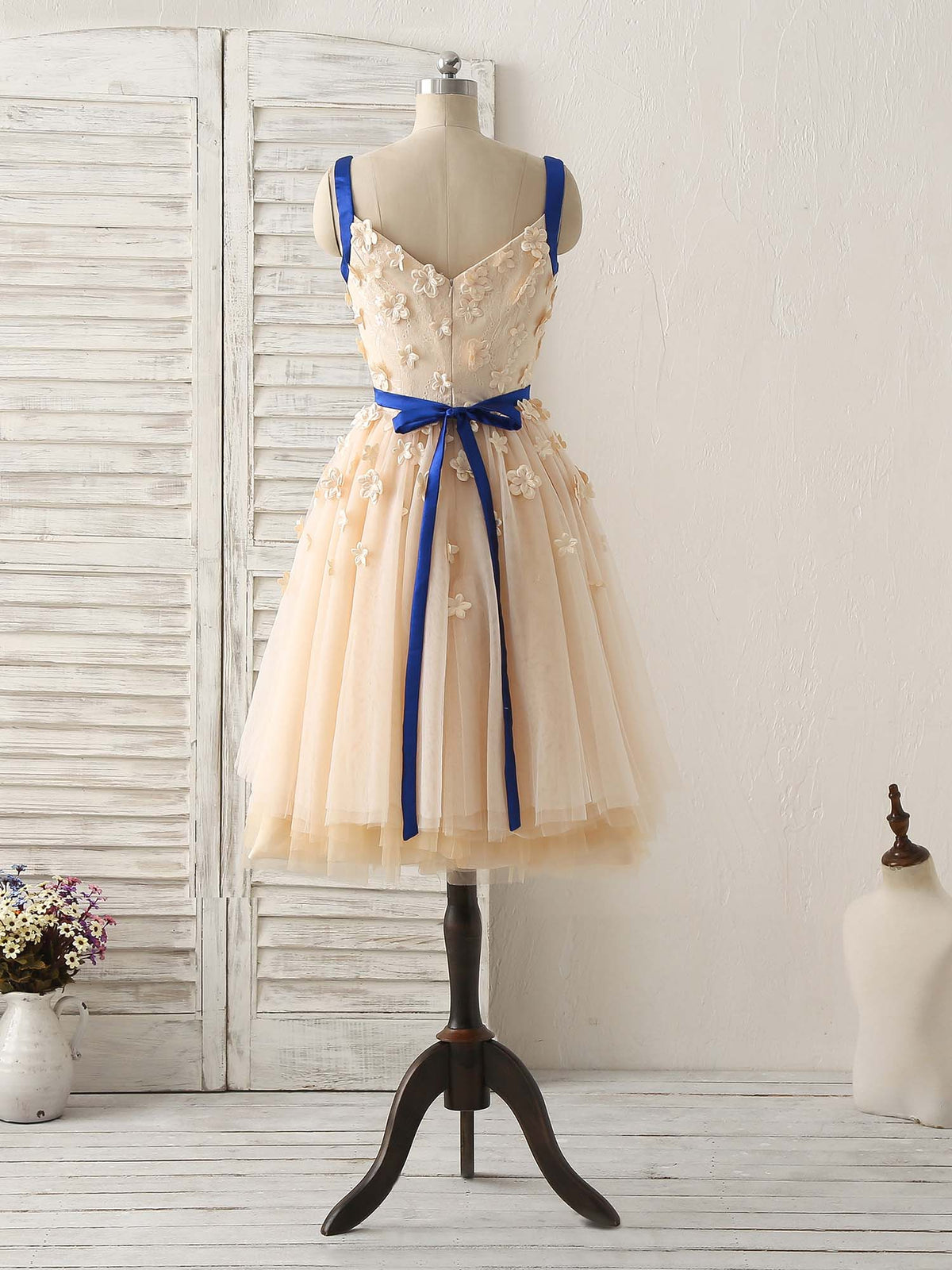 Champagne Tulle Applique Short Prom Dress, Bridesmaid Dress