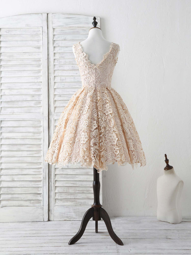 Champagne V Neck Lace Short Prom Dress Champagne Bridesmaid Dress US 10 / Champagne Champagne V Neck Lace Short Prom Dress Champagne Bridesmaid Dress US 10 / Champagne