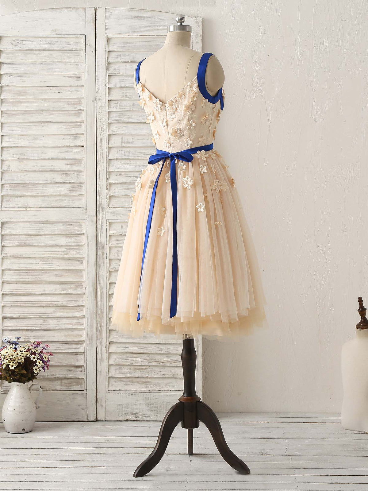 Champagne Tulle Applique Short Prom Dress, Bridesmaid Dress