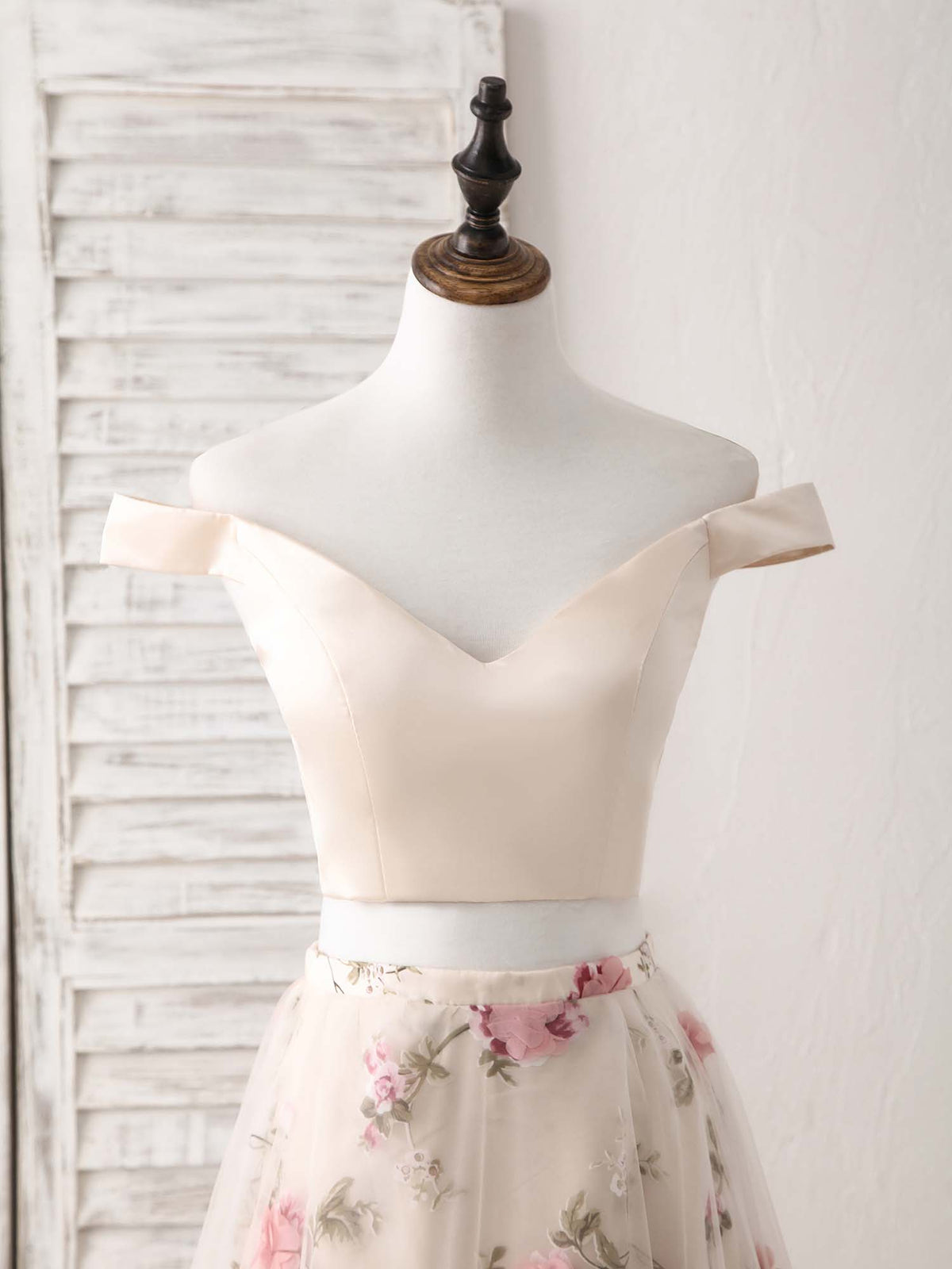 A-Line Champagne Two Pieces Long Prom Dress, Champagne Evening Dress