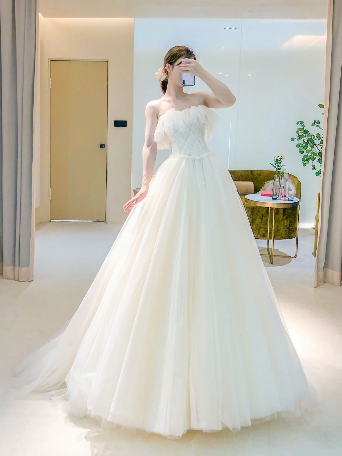 A-Line Light Champagne Tulle Long Prom Dress, Tulle Formal Wedding Party Dress