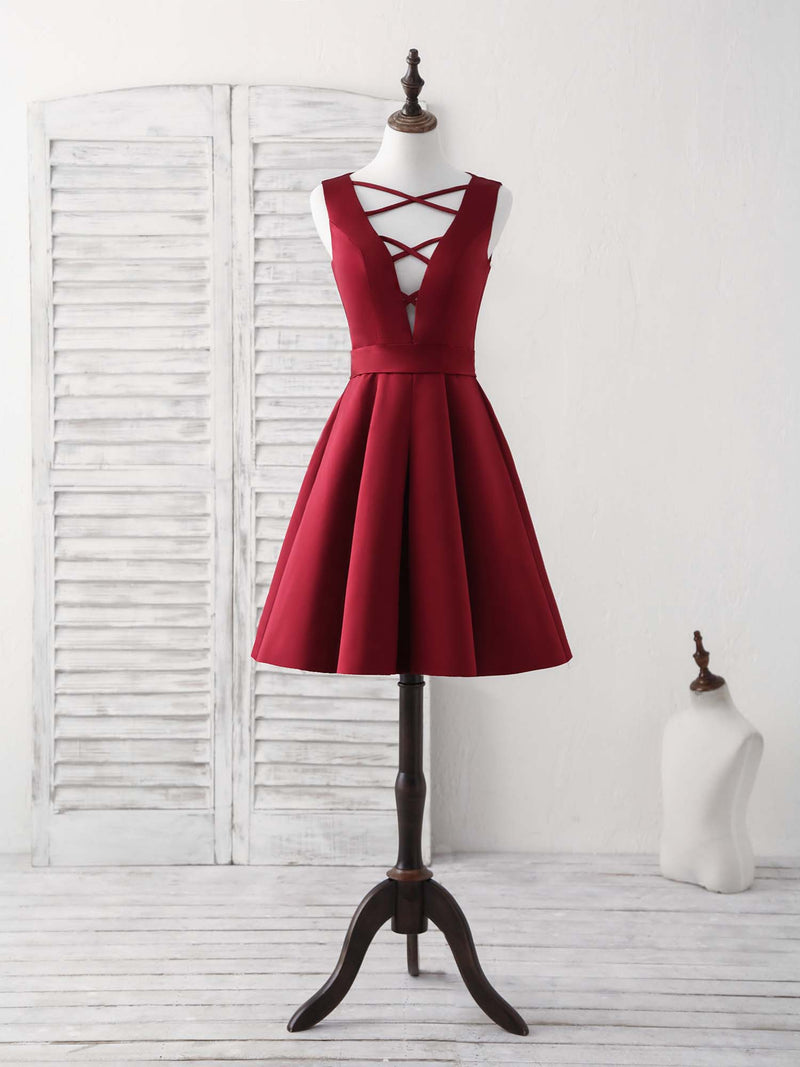 wine red dress short Simple V Neck Burgundy Short Prom Dress Satin Homecoming Dress US 4 / Custom Color