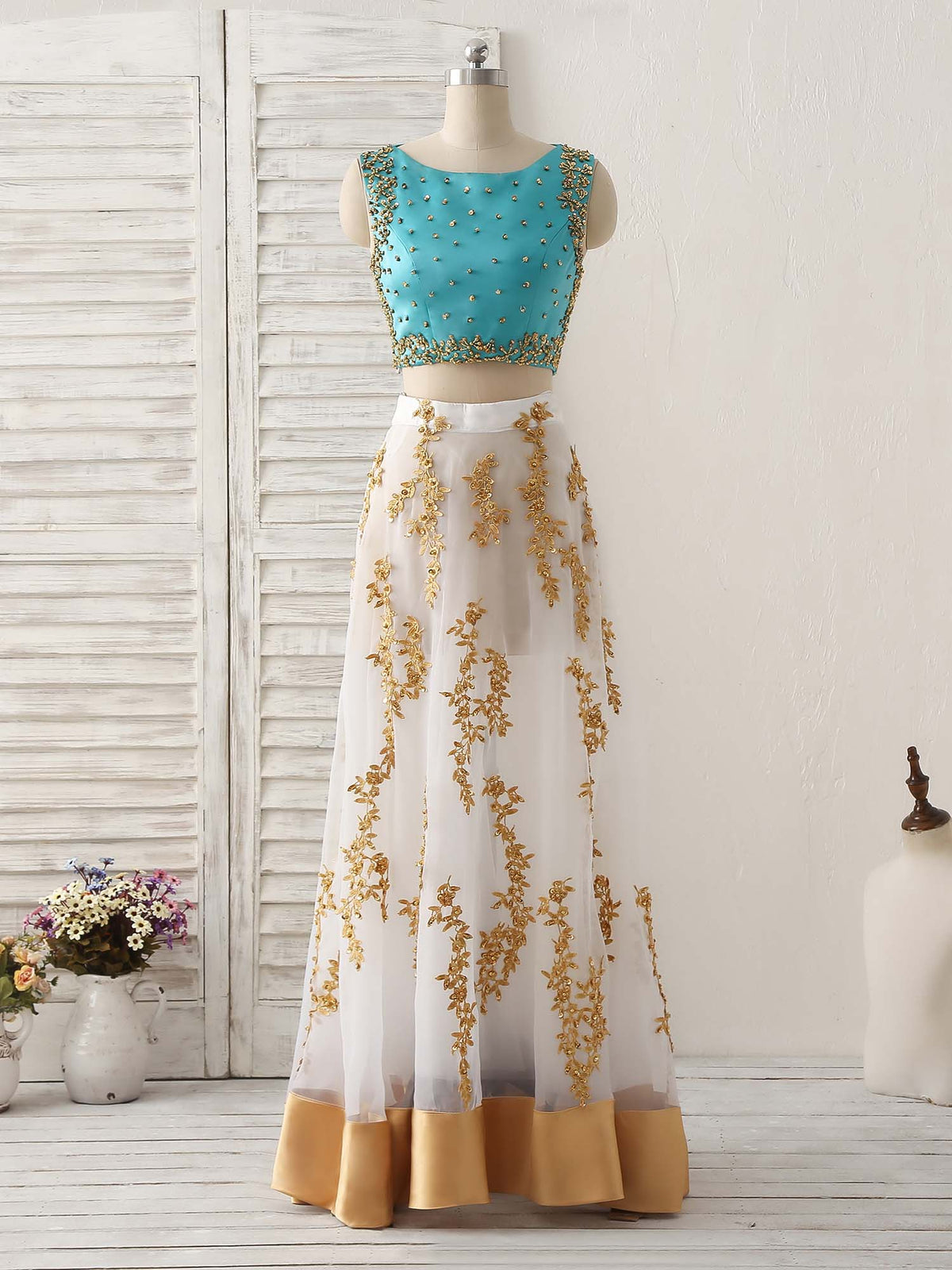 A-Line Two Pieces Beads Lace Applique Long Prom Dress, Green Evening Dress