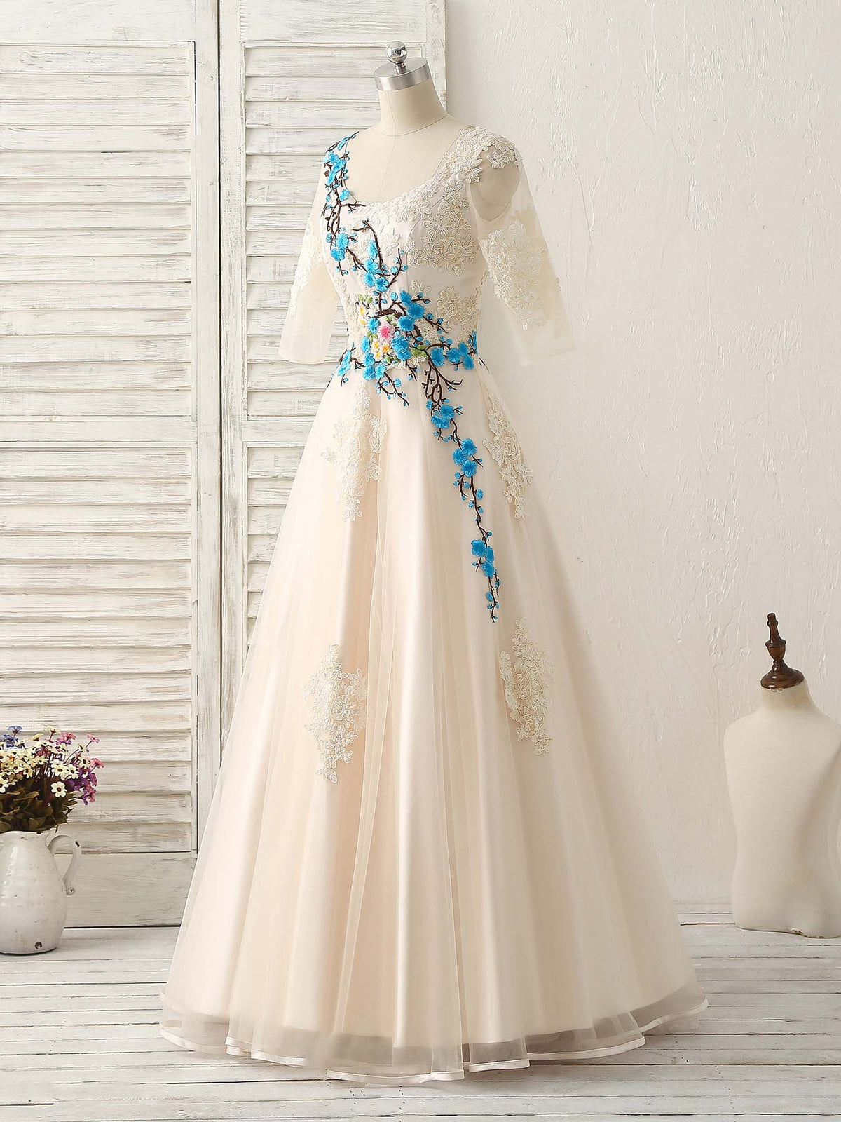A-Line Lace Applique Tulle Long Prom Dress Light Champagne Bridesmaid Dress