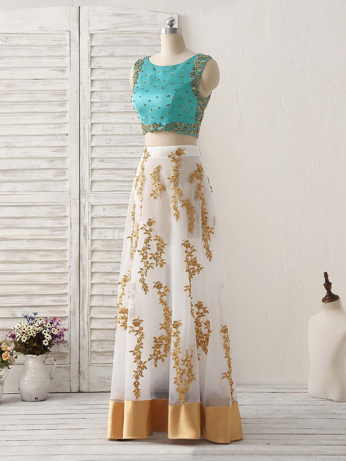 A-Line Two Pieces Beads Lace Applique Long Prom Dress, Green Evening Dress