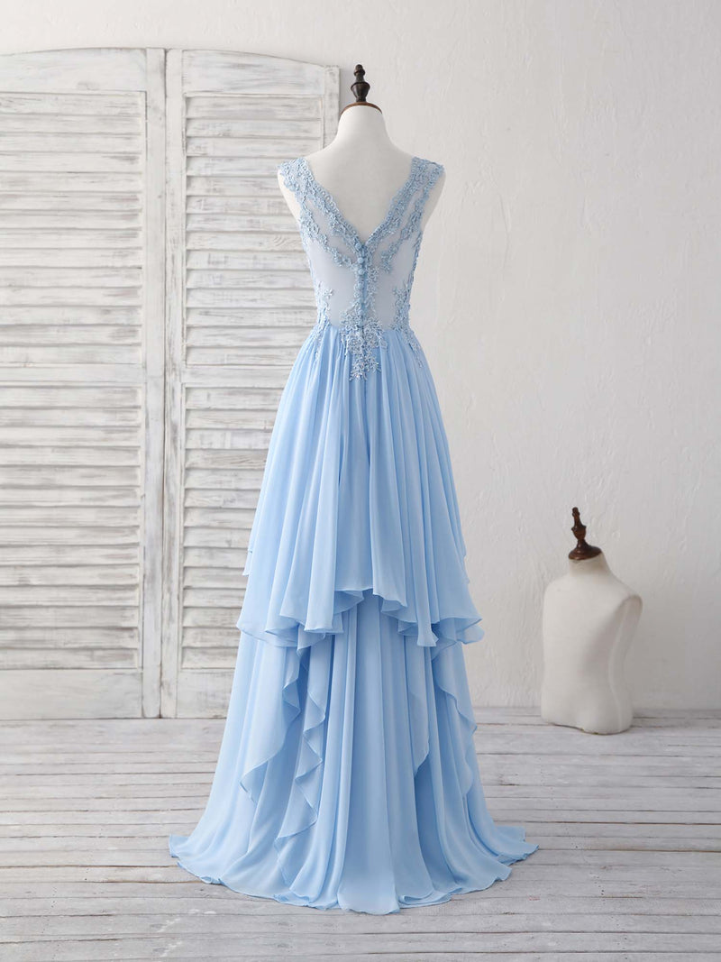 Blue V Neck Applique Chiffon Long Prom Dress Lace Bridesmaid Dress – shopluu
