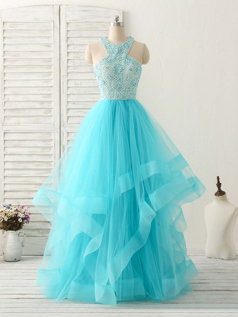 Blue High Neck Tulle Long Prom Dress Blue Evening Dress Blue High Neck Tulle Long Prom Dress Blue Evening Dress