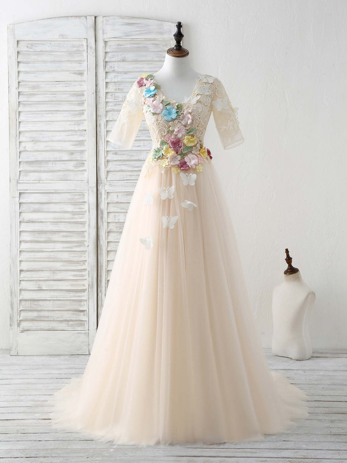A-Line Champagne Lace Applique Tulle Long Prom Dress, Evening Dress